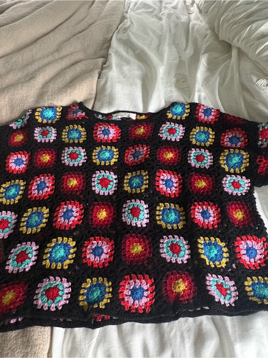 Anthropologie Sweaters - Anthropologie Black Multicolor Crochet Square Sweater
